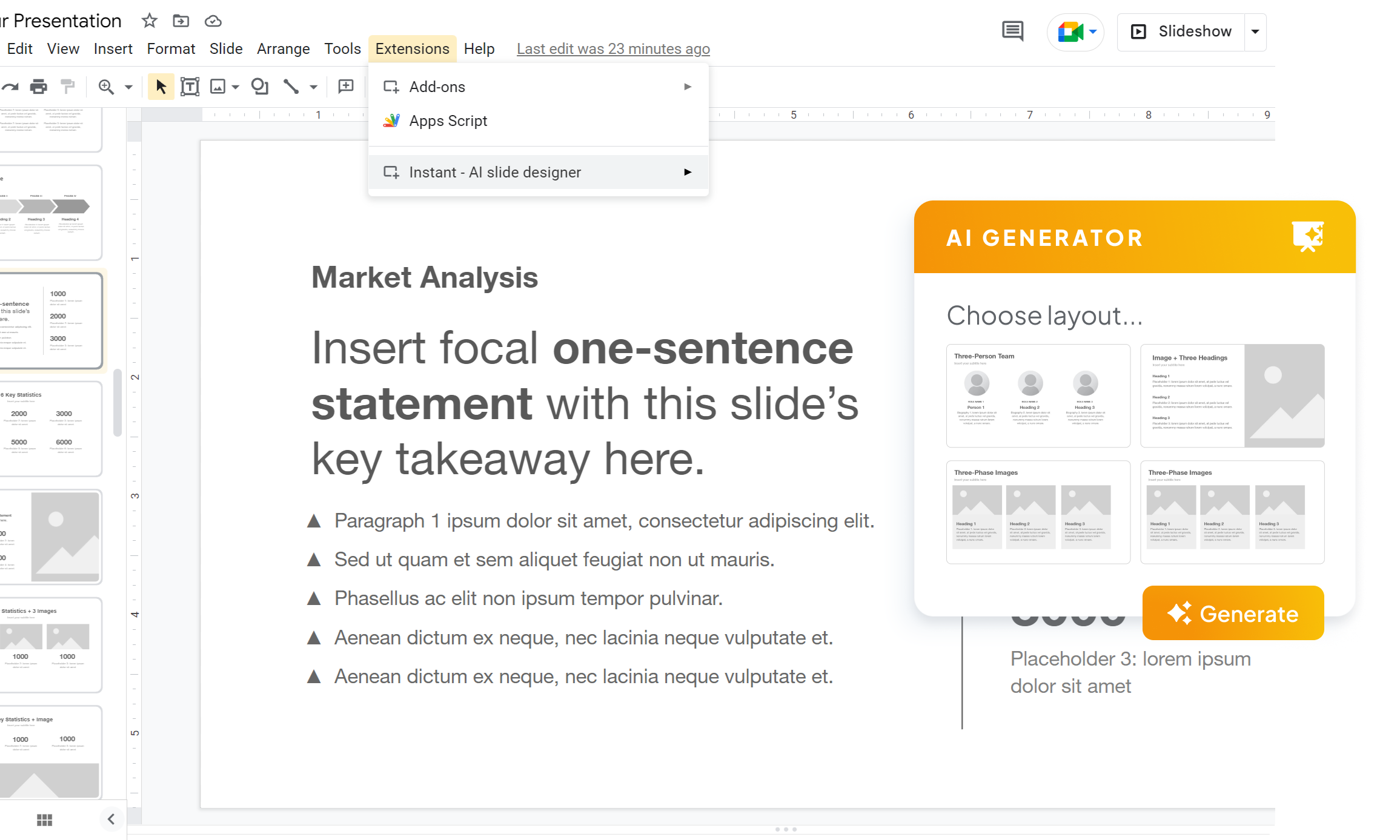 AI presentation designer: effortlessly create presentations & slide decks in Google Slides